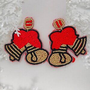 Handmade Beaded Earring, Bow Bell Red Gold